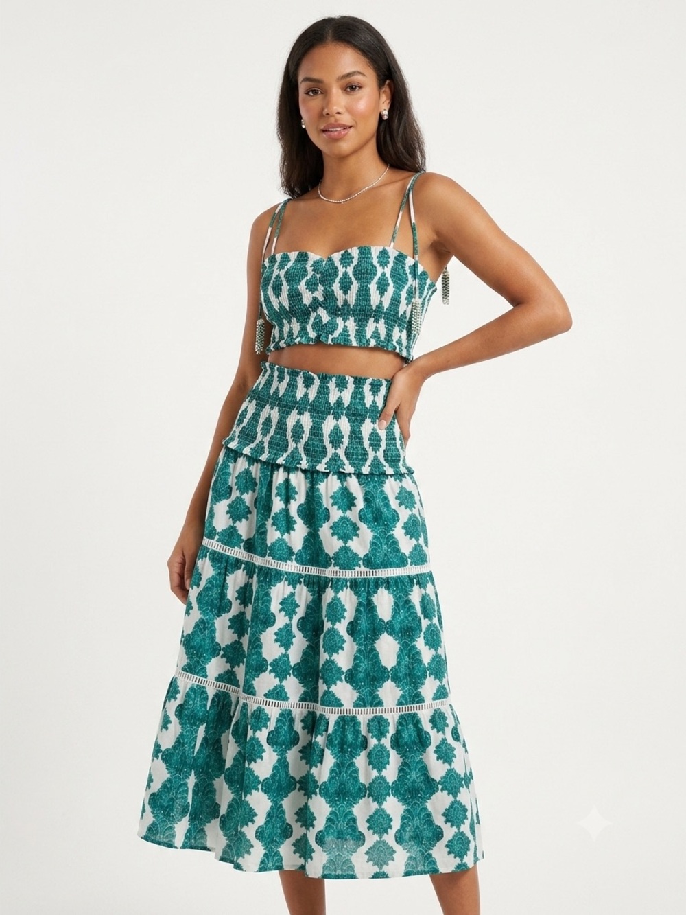 House of Harlow 1960 Linen Blend Bandeau & Maxi Skirt Set Green/White Size Small